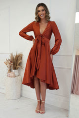 Nicola Satin Tie Front Midi Dress | Rust