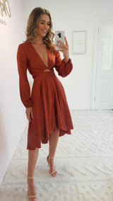 Nicola Satin Tie Front Midi Dress | Rust