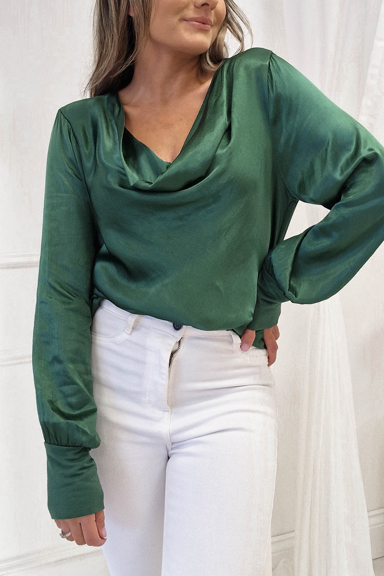 Pamela Satin Long Sleeve Top | Green