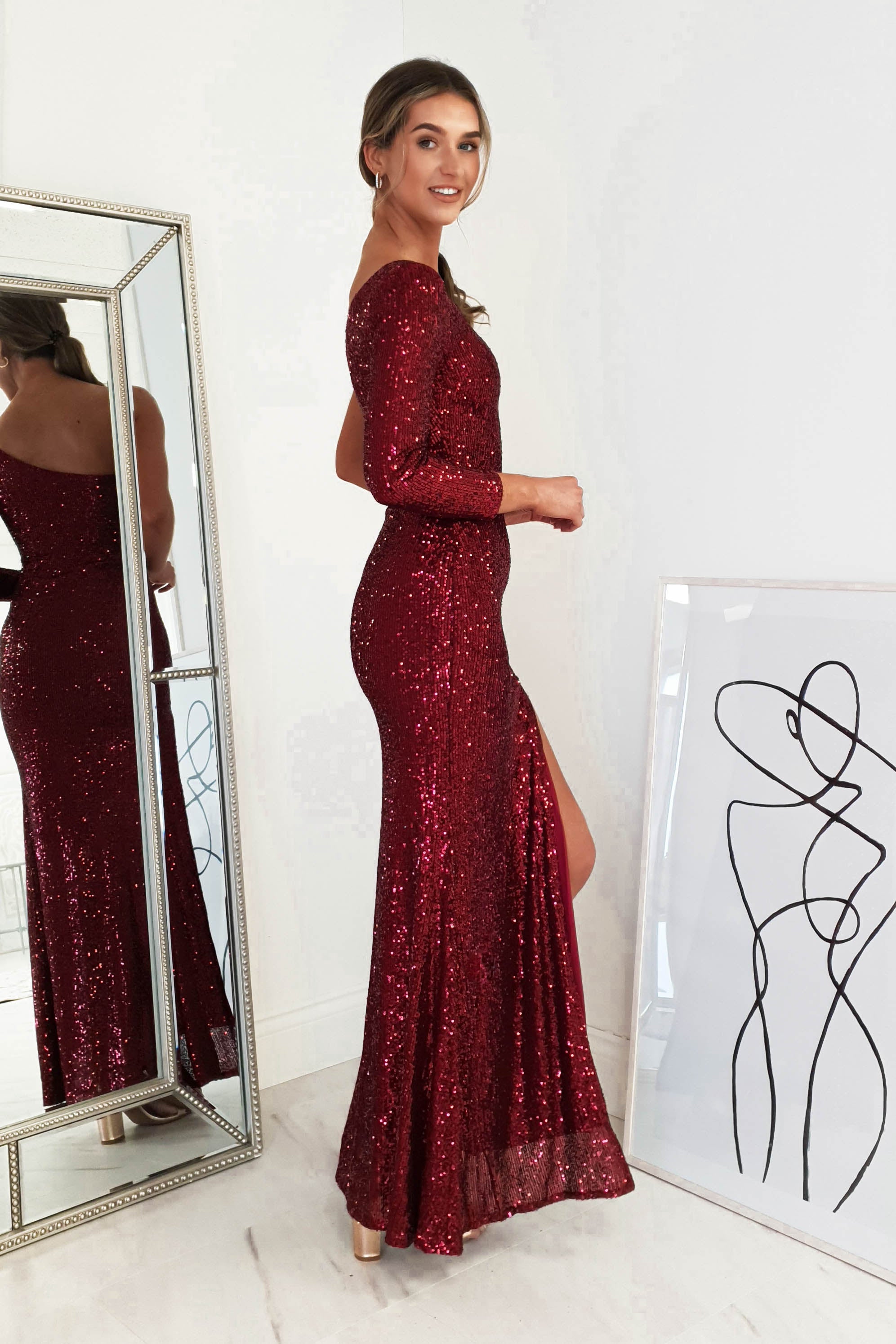 Polina One Shoulder Sequin Gown | Burgundy