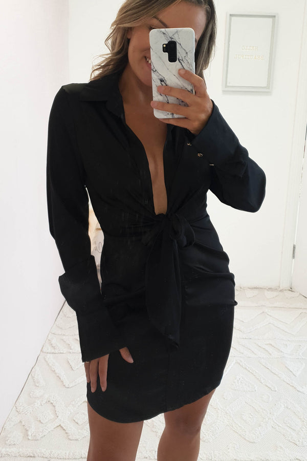 Shona Satin Mini Shirt Dress | Black