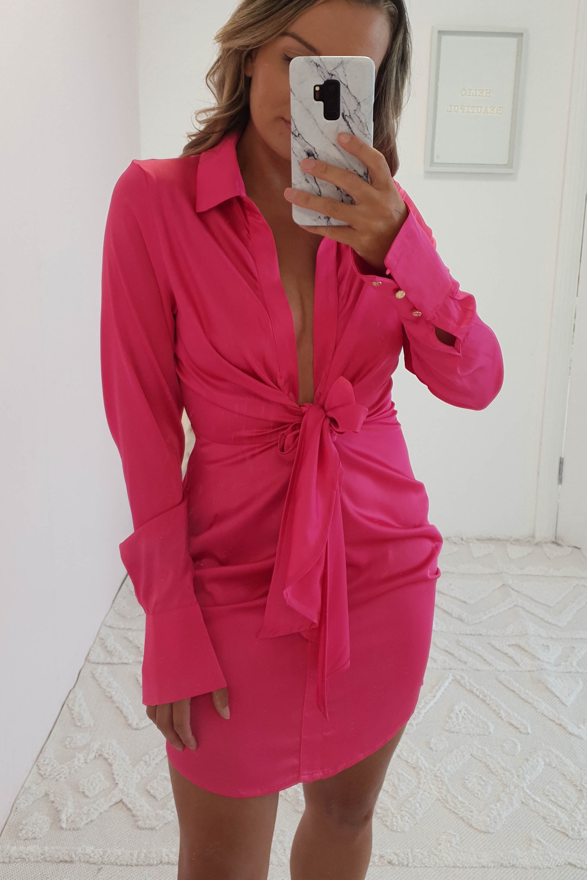 Shona Satin Mini Shirt Dress | Hot Pink