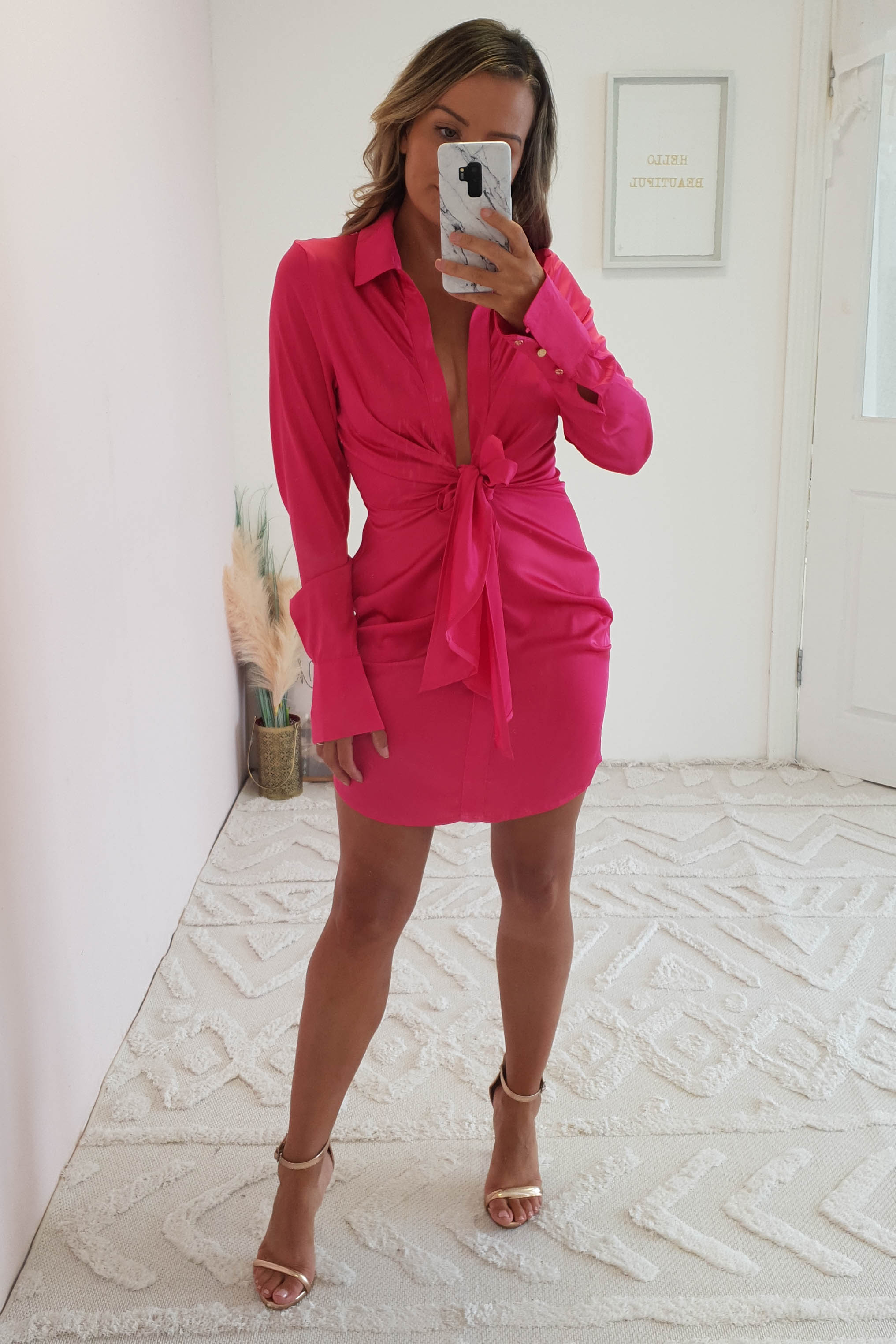 Shona Satin Mini Shirt Dress | Hot Pink