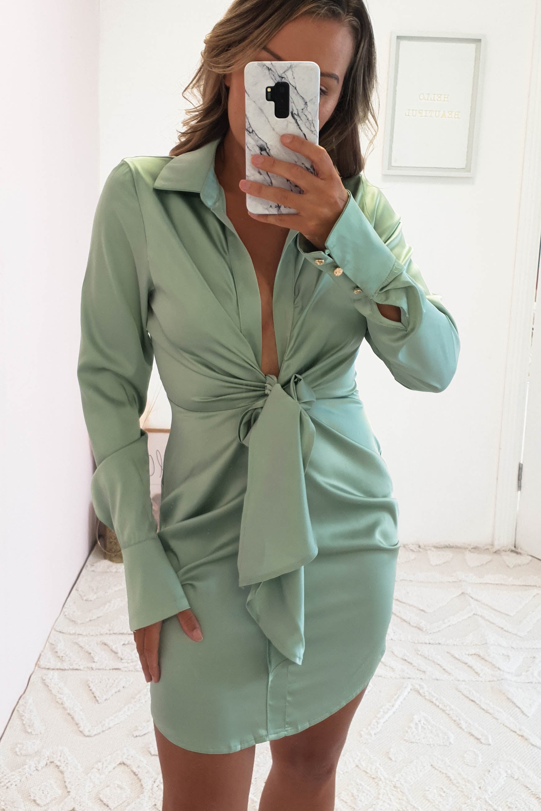 Shona Satin Mini Shirt Dress | Sage Green