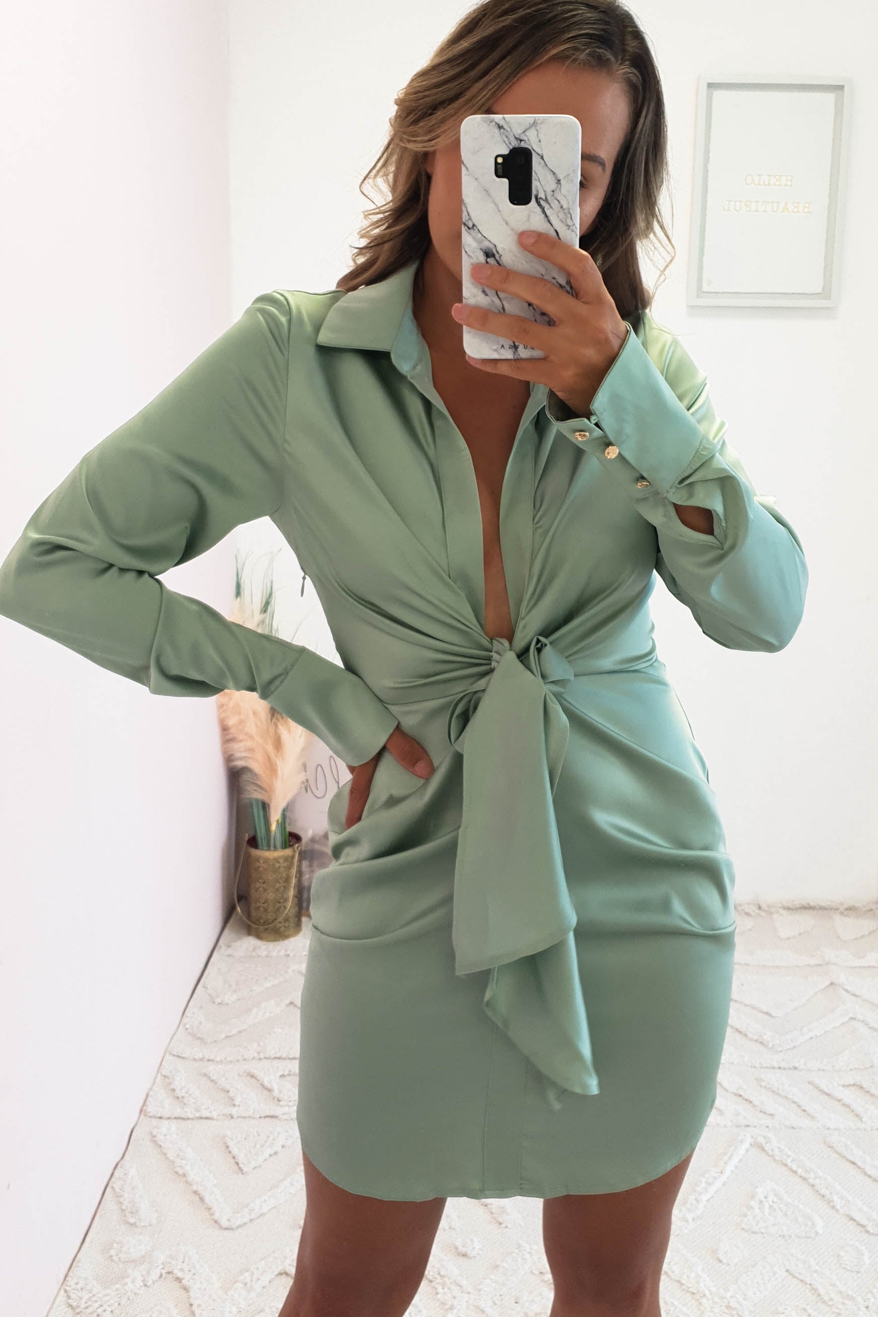 Shona Satin Mini Shirt Dress | Sage Green