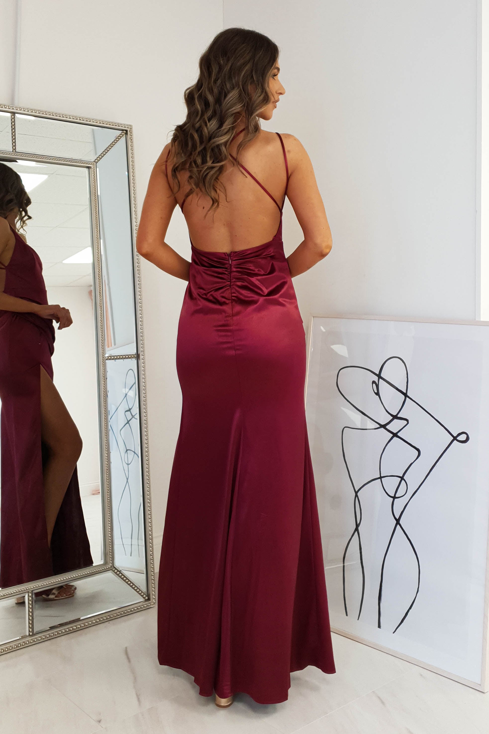 Burgundy silk hot sale gown