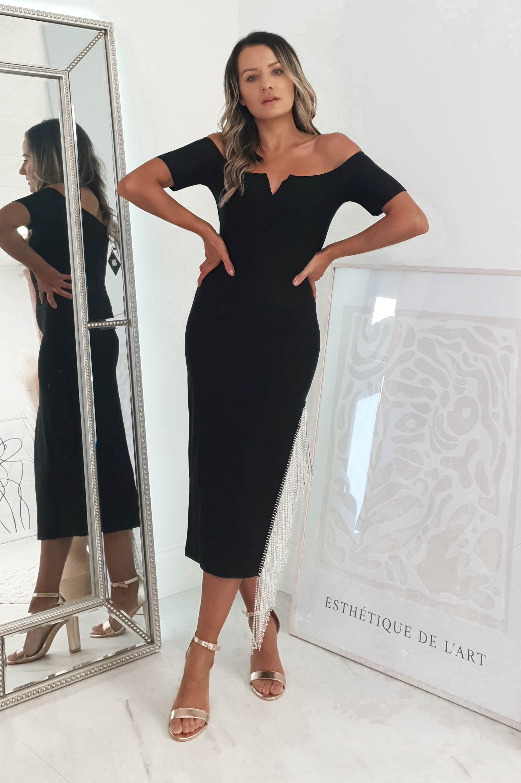 Sloane Embellished Bandage Midi Dress | Black