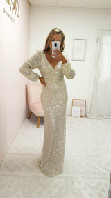 Sorelle Sequin Long Sleeve Gown | Champagne