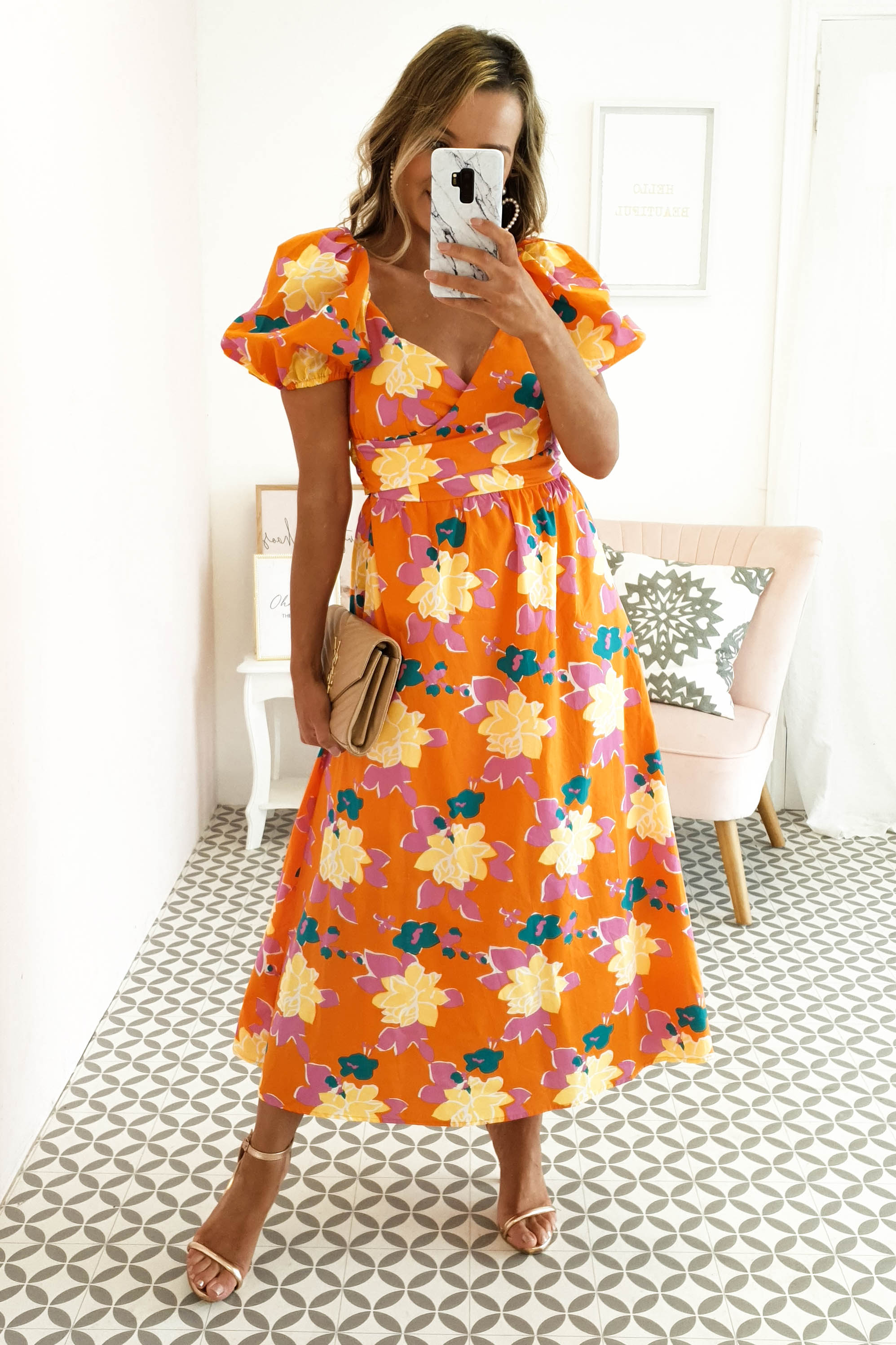 Sukienka midi w kwiaty | Pomarańczowy