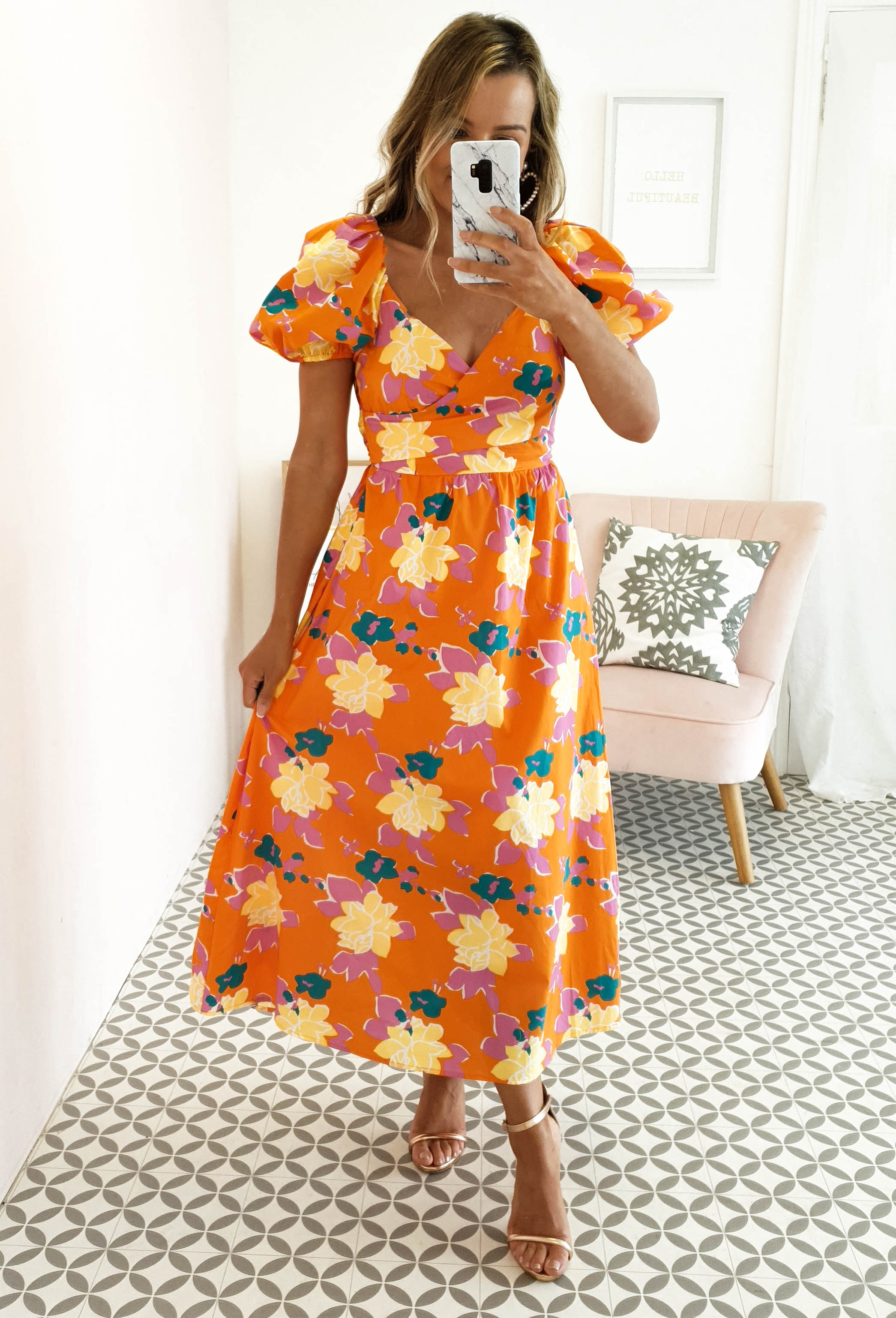 Sukienka midi w kwiaty | Pomarańczowy