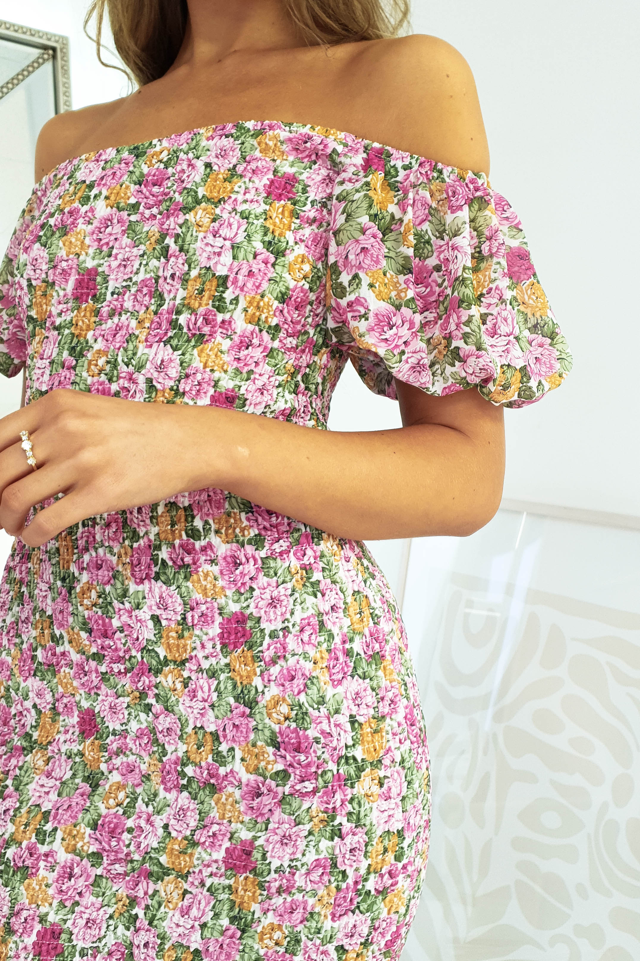 Tallulah Shirring Midi Dress | Mixed Print