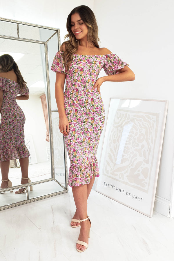 Tallulah Shirring Midi Dress | Mixed Print