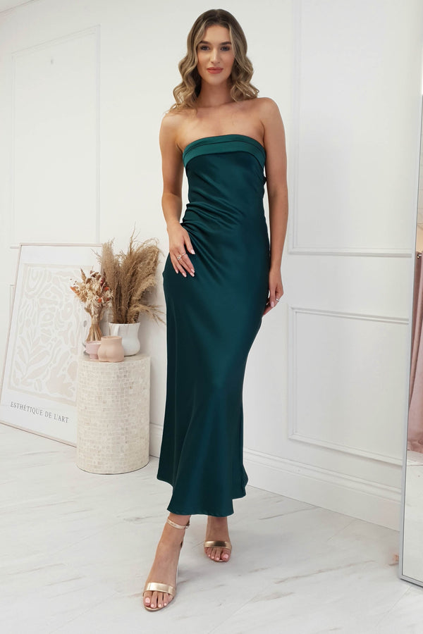 Whitney Satin Strapless Midi Dress | Forest Green