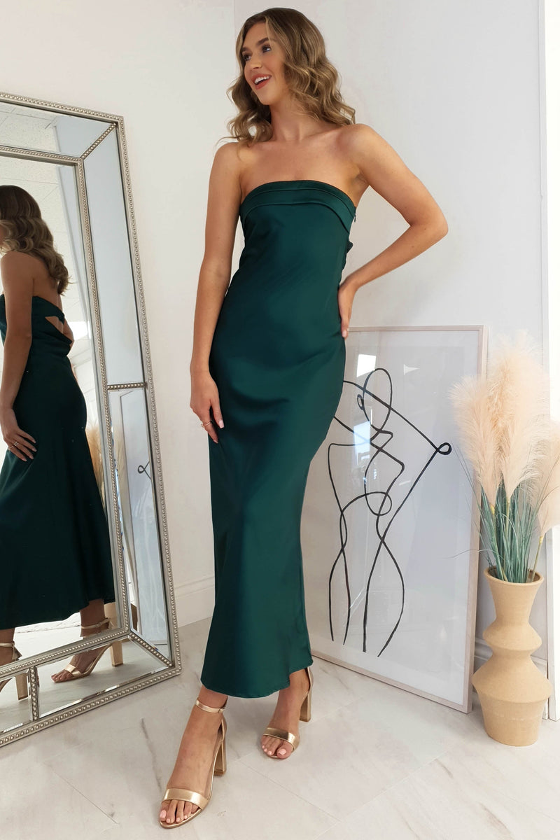 Whitney Satin Strapless Midi Dress | Forest Green