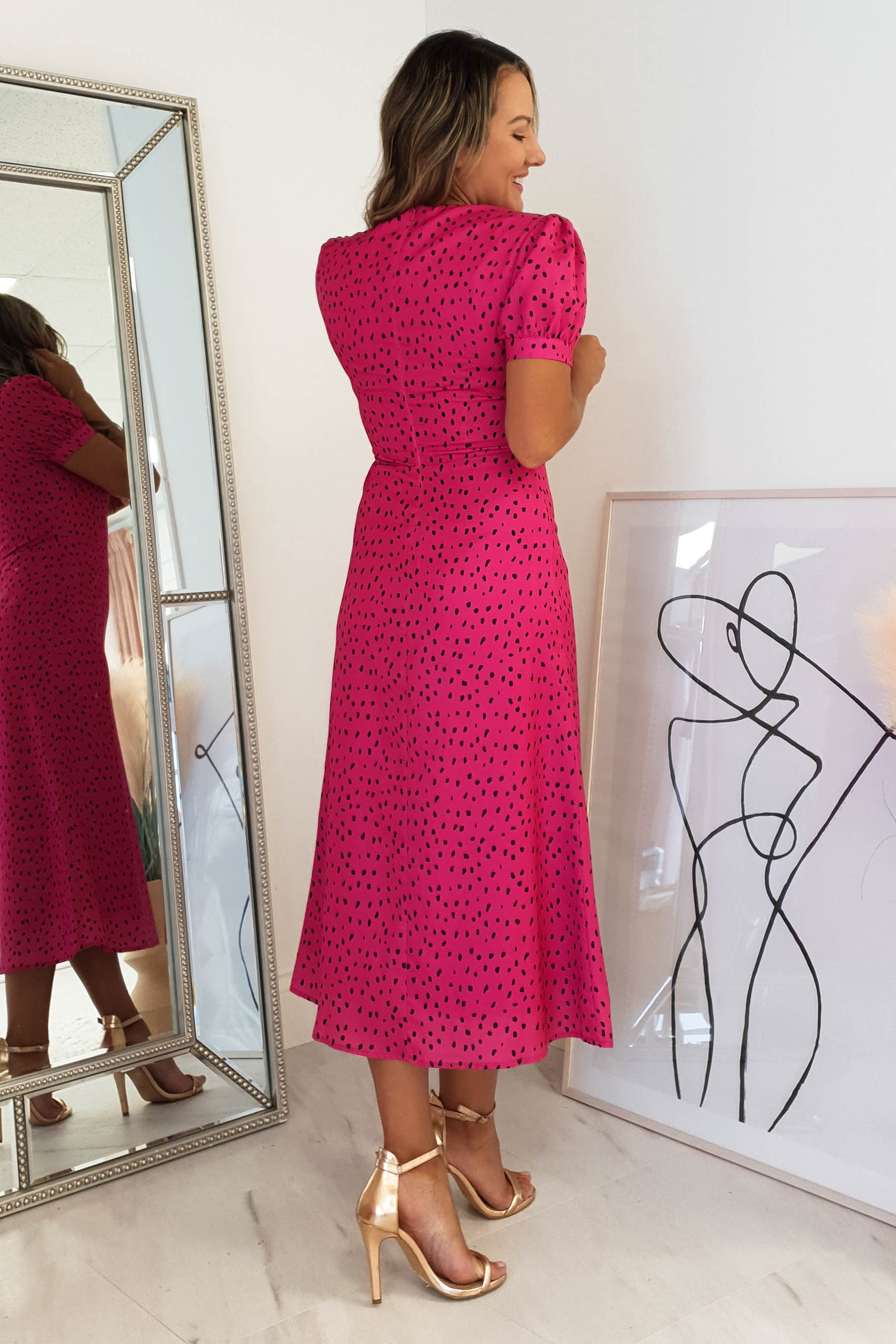 Pink polka dot midi sales dress