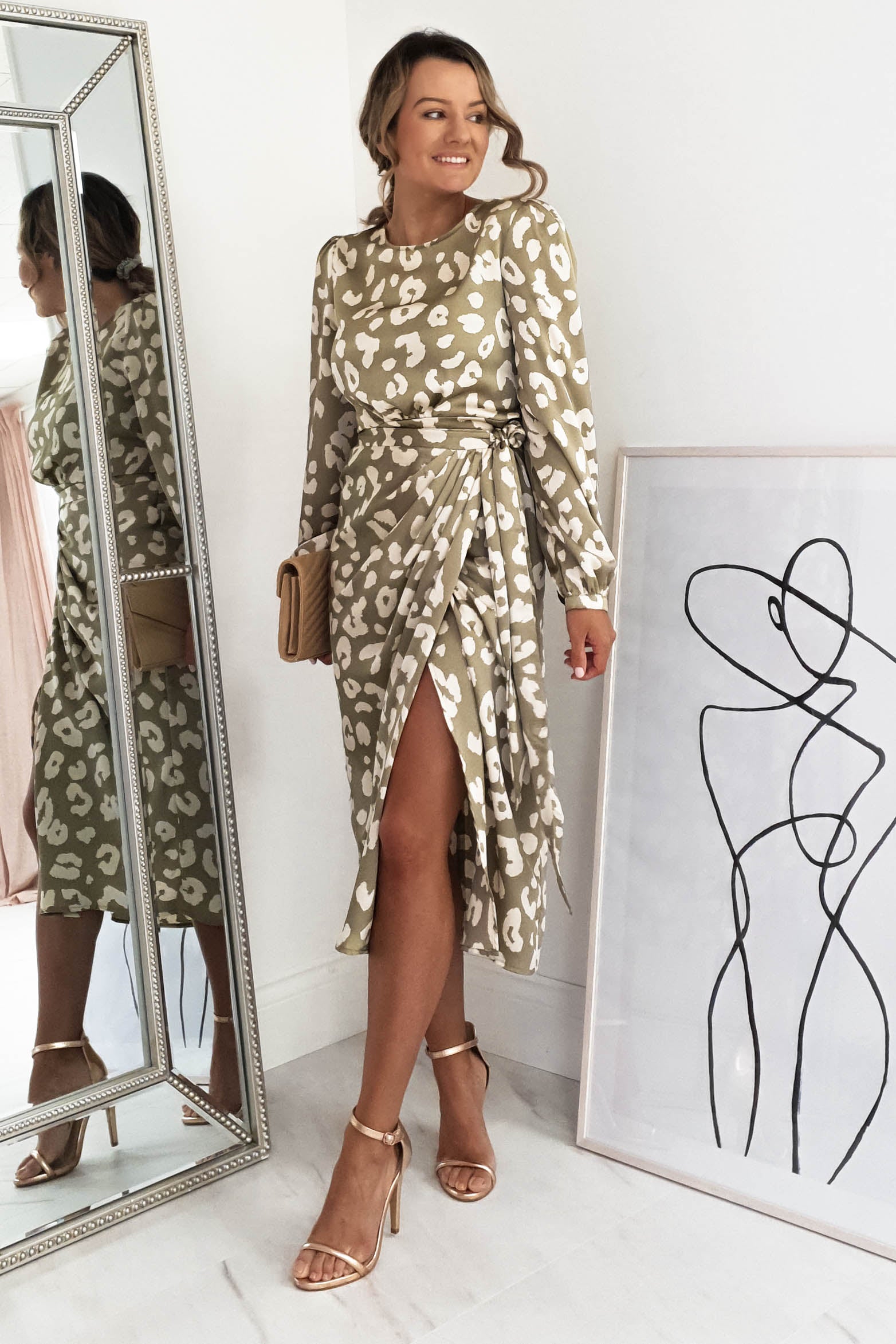 Zandra Leopard Print Midi Wrap Dress | Olive